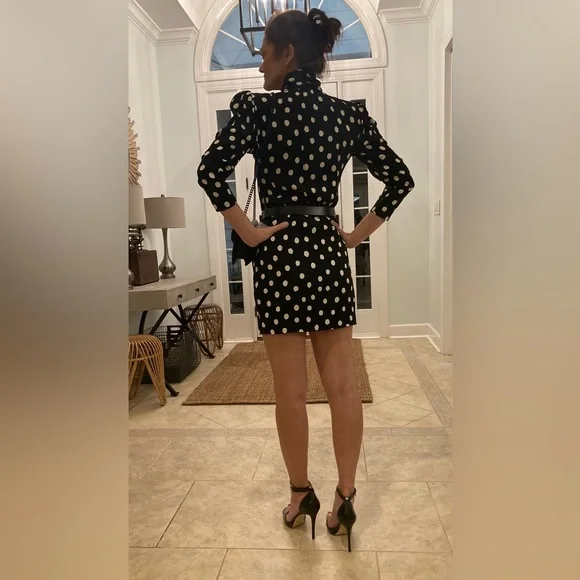 Saint Laurent Tie Neck Black & White Polka Dot Mini Dress - Picture 3 of 10
